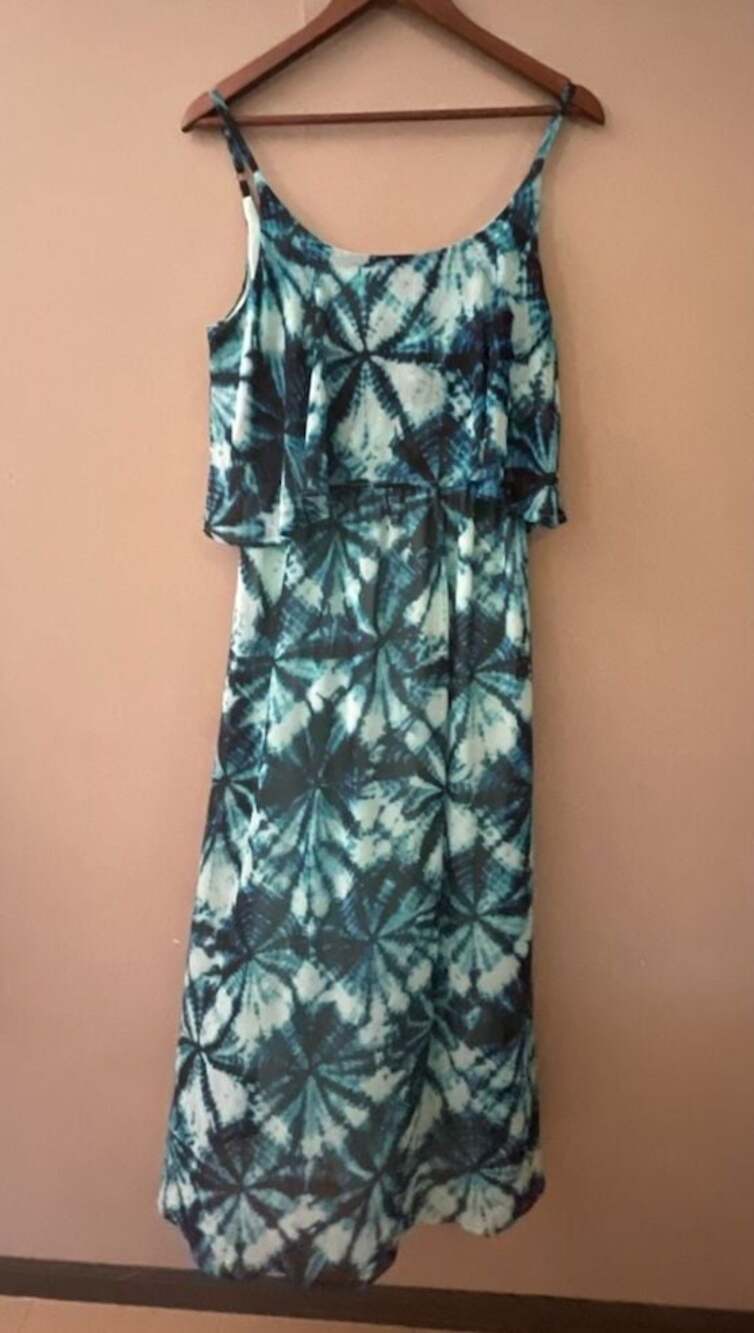 Faded Glory Blue Tie Dye Layered Bodice Spaghetti Strap Maxi Dress